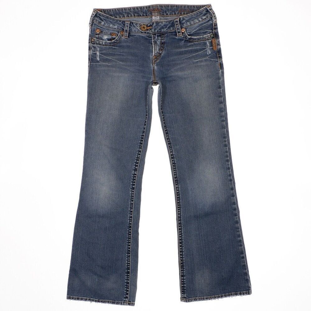 Silver Jeans Womens 30 Flared Distressed Low Mid Blue Denim Measures 31 x 29